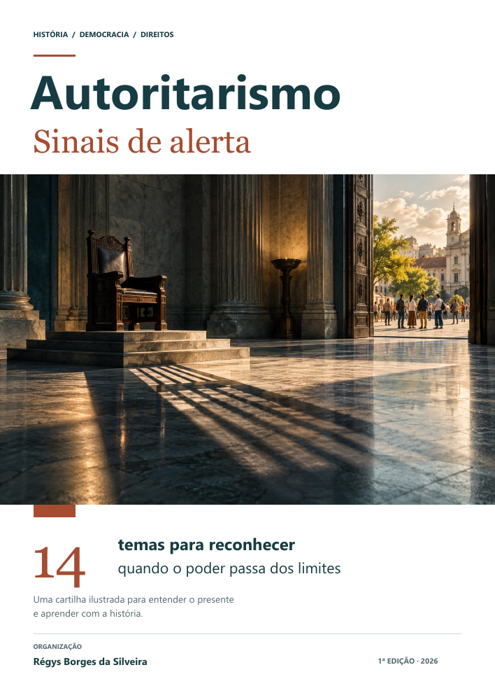 Capa da cartilha Autoritarismo: sinais de alerta, com uma ilustração de um edifício monumental e pessoas ao fundo.
